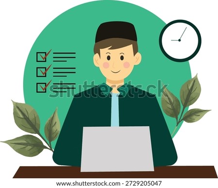 Muslim freelancer working on a laptop at night during Ramadan. Flat vector illustration of man studying with desk lamp and crescent moon background