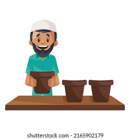 Muslim gardener is arranging vase in a sequence. Vector graphic illustration. Individually on white background.