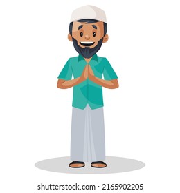Muslim gardener is with greet hands. Vector graphic illustration. Individually on white background.,