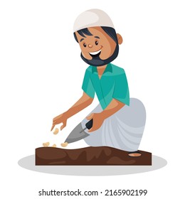 Muslim gardener is holding a trowel in one hand and putting seed in the soil. Vector graphic illustration. Individually on white background. 