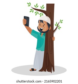 Un jardinero musulmán está abrazando un árbol de un lado y se toma selfie con otra mano. Ilustración gráfica vectorial. Individualmente sobre fondo blanco. 