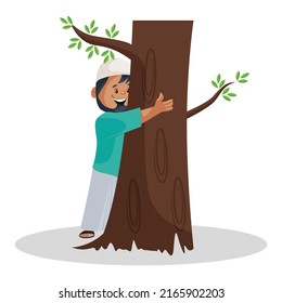 Muslim gardener is hugging a tree. Vector graphic illustration. Individually on white background. 