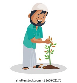 Muslim gardener is plucking the dry leaves from the plant. Vector graphic illustration. Individually on white background.