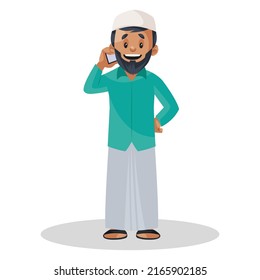 Muslim gardener is talking on a mobile phone. Vector graphic illustration. Individually on white background. 