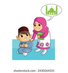 muslim girl ask her brother who play game in handphone to go to the mosque