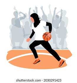 A Muslim Girl In A Black Traditional Hijab Dribbles An Orange Ball In A Team Game. Basketball Match, Silhouettes In The Stands. Vector Illustration. EPS10