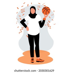 A Muslim girl in a black traditional hijab and sportswear with ball in hand. The female winner in the Basketball match. Modern flat vector illustration. EPS10 