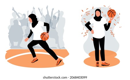 A Muslim girl in a black traditional hijab dribbles an orange ball in a team game. The female winner in the Set of Basketball match. Silhouettes in the stands. Vector illustration. EPS10