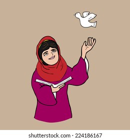 Muslim girl book and peace cartoon