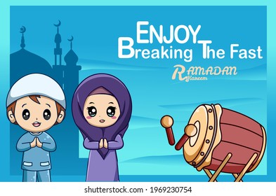 Muslim girl and boy with happy fasting in ramadan kareem board cartoon illustration