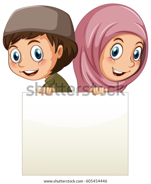 Muslim Girl Boy Holding Blank Paper Stock Vector (Royalty Free ...