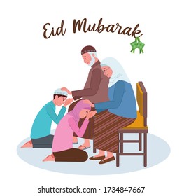 a Muslim girl and boy are kneeling and kissing their grandparents hand on Eid Al-Fitr.