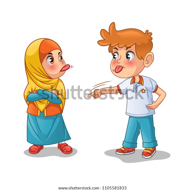 白い背景にムスリムの女の子と少年が 自分の舌の漫画のキャラクターデザインベクターイラストを見せて お互いをあざ笑い合っています のベクター画像素材 ロイヤリティフリー
