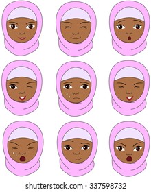 Muslim girl in a burqa emotions: joy, surprise, fear, sadness, sorrow, crying, laughing, cunning wink. Vector cartoon illustration