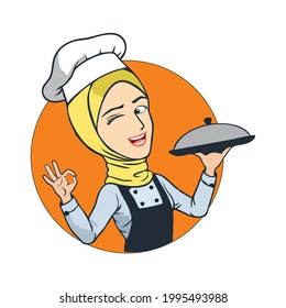 muslim girl cartoon logi chef vector illustration