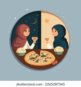 Muslim Girl Character Breaking Fast In Morning And Evening Position During Islamic Festival Holy Month Ramadan.