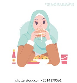 Personaje de chica musulmana comiendo comida chatarra ilustración