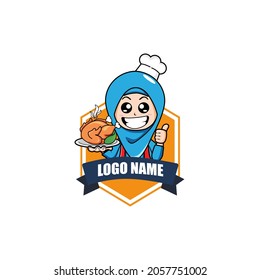 Muslim girl character logo with grilled chicken food