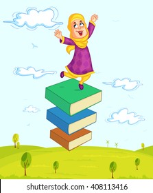 Muslim girl children playing with book  in vector