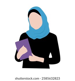 Muslim girl college student wearing blue a hijab, Muslim woman with a book wearing blue hijab, covering head muslim girl illustration