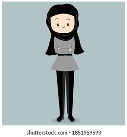 Muslim girl crossing arm with smiling, hijab woman crossing arm with gray background 