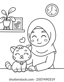 Muslim girl with cute cat coloring page illustration