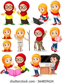 Muslim Girl In Different Actions Illustration