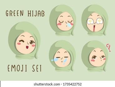 Muslim girl with different expression vector set. Hijab emoji girl in green theme. Cute muslim girl drawing.