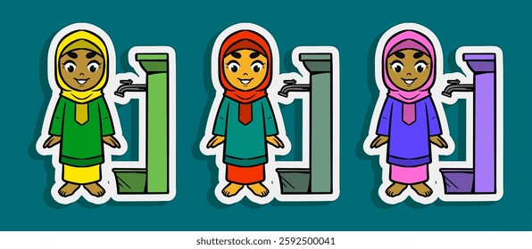 Muslim Girl doing Ablution Cartoon Sticker Illustration