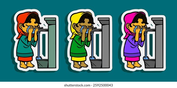 Muslim Girl doing Ablution Cartoon Sticker Illustration