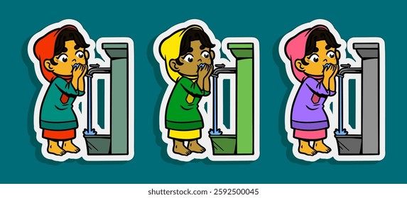 Muslim Girl doing Ablution Cartoon Sticker Illustration