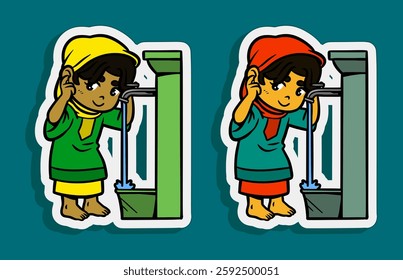 Muslim Girl doing Ablution Cartoon Sticker Illustration