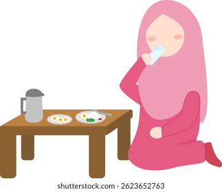 menina muçulmana bebendo, criança bebendo na mesa abaixo