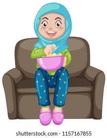 A muslim girl eating popcorn illustration