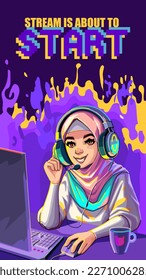 Muslim girl gamer or streamer with cat ears headset sits at a computer with some drink and snaks on a table. Cartoon anime style. Vector character over an abstract lava lamp backdrop