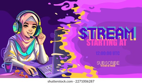 Muslim girl gamer or streamer with cat ears headset sits at a computer with some drink and snaks on a table. Cartoon anime style. Vector character with a notificational phrase over