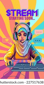 Muslim girl gamer or streamer with cat ears headset sits in front of a computer with her mouse and keyboard. Cartoon anime style. Vector character isolated on white background