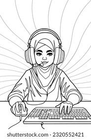 Muslim girl gamer or streamer with cat ears headset sits in front of a computer with her mouse and keyboard. Coloring page design. Vector character isolated on white background