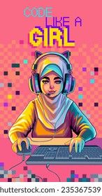 Muslim girl gamer or streamer with cat ears headset sits in front of a computer with her mouse and keyboard. Cartoon anime style. Vector character isolated on white background