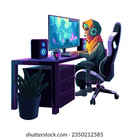 Muslim girl gamer or streamer with a headset sits in front of a computer. Side view, cartoon anime style. Vector characters isolated on white background
