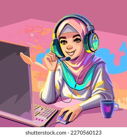 Muslim girl gamer or streamer in a hijab and a headset sits at a computer with some drink and snaks on a table. Cartoon anime style. Vector character over an abstract lava lamp backdrop