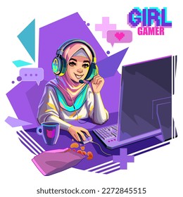 Muslim girl gamer or streamer in a hijab and a headset sits at a computer with an abstract geometric backdrop. Cartoon anime style. Vector character isolated on white background