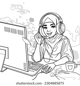 Muslim girl gamer or streamer in a hijab and a headset sits at a computer with some drink and snaks on a table. Coloring page design. Vector character over an abstract lava lamp backdrop