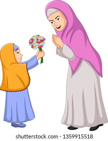 Muslim girl giving a bunch of flowers to her mother