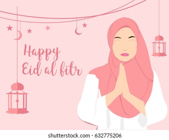 Muslim girl giving the celebration of Happy Eid Al Fitr vector illustrator