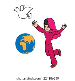 Muslim girl globe and peace cartoon vector