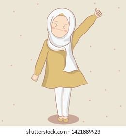 Muslim girl up the hand up ,girl thumps up hand with cream polka dot background