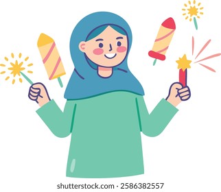 Muslim girl happily holding fireworks celebrating Eid during Ramadan.