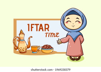 Muslim girl happy fasting at ramadan cartoon illustration