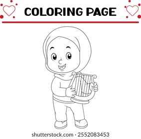 muslim girl is happy playing music harp coloring page for kids